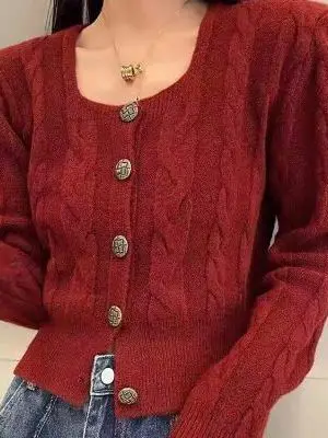 

Ele ort Knitted Sweater Cardigan Women's Faion Autumn Winter Warmth Splice Twist Knitwear Square Collar Slim Fit