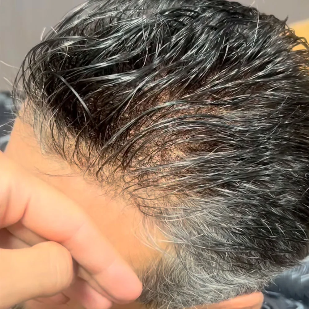 Undetectable 80-90Density Super 0.02mm Thin Skin 1B20 565# Grey Man Wig Natural Hairline Brown Men's Capillary Prosthesis Toupee