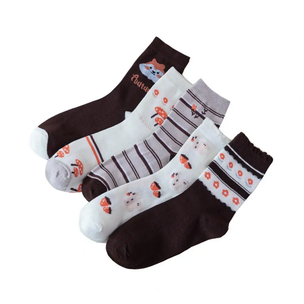 Calcetines deportivos con estampado de dibujos animados para mujer, medias de tubo medio, absorción del sudor, antideslizantes, transpirables, cálidos, patrón de dibujos animados, 5 pares