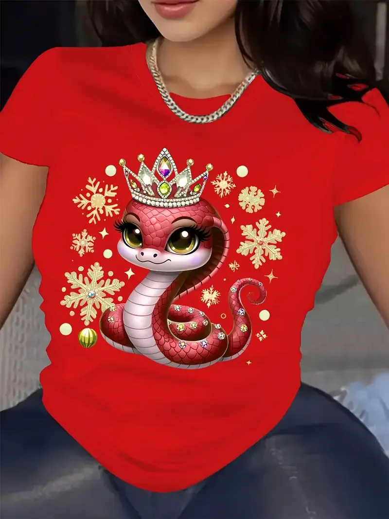 2025 Fun Snake Pattern Women's T-shirt Fashion New Year Gift Short Sleeve T-shirt Animal Printing Simple Trendy Women's Clothing