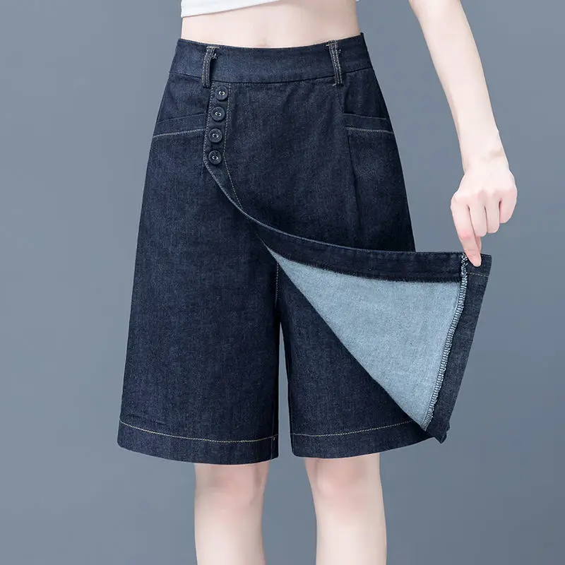 High Waist Denim Shorts Streetwear Women Summer Jeans Wide Leg Baggy Jeans Y2k Five Point Pants Skirts Blue