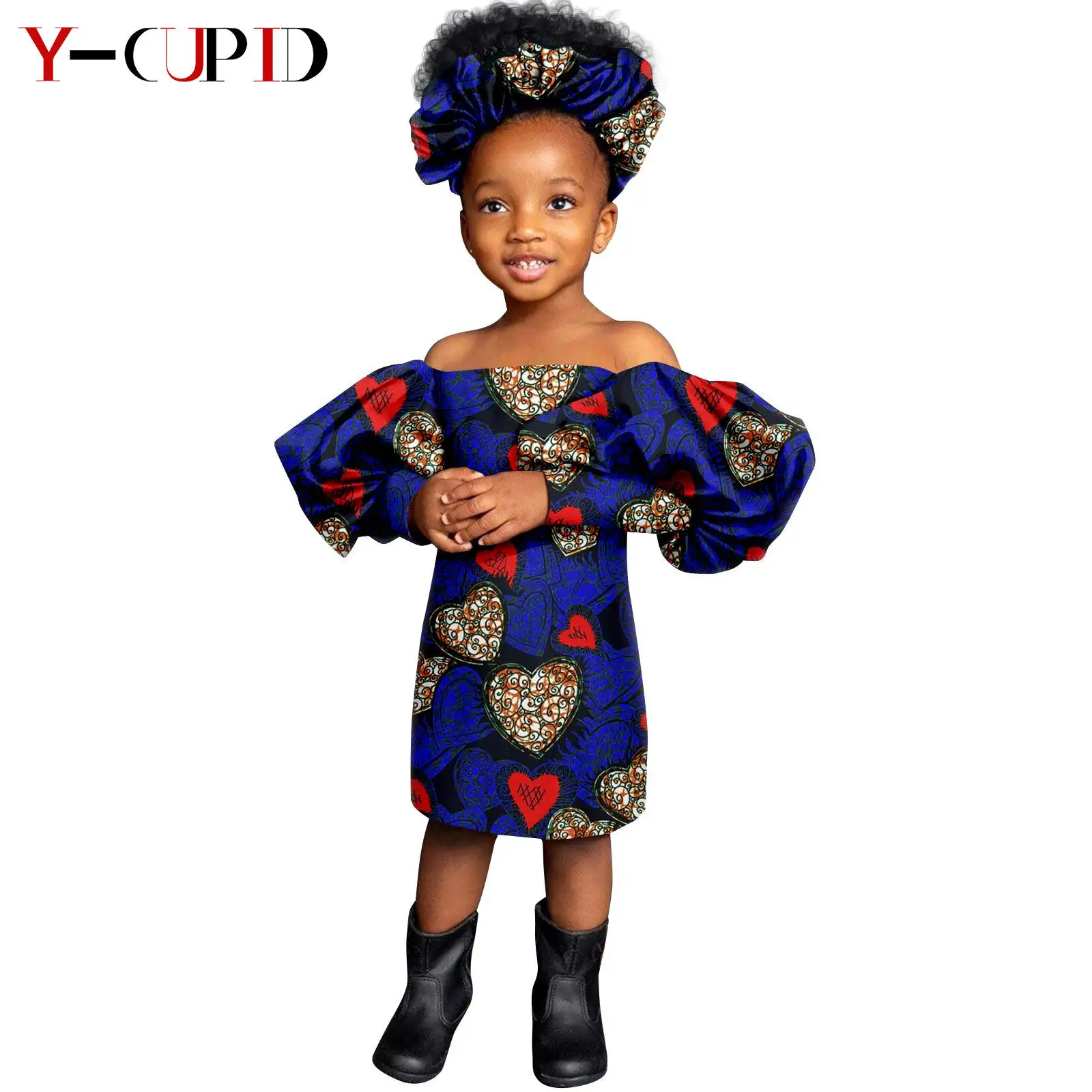 African Clothes for Girls Print Knee-length Dresses with Headtie Dashiki Kids Children Lantern Sleeve Outfits Vestido 2445004