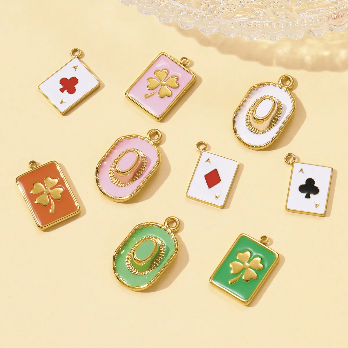 3pcs/Lot French Enamel Clover Stainless Steel Necklace Pendants Painted Lucky Poker DIY Earrings Charms Women Cowboy Hat Jewelry