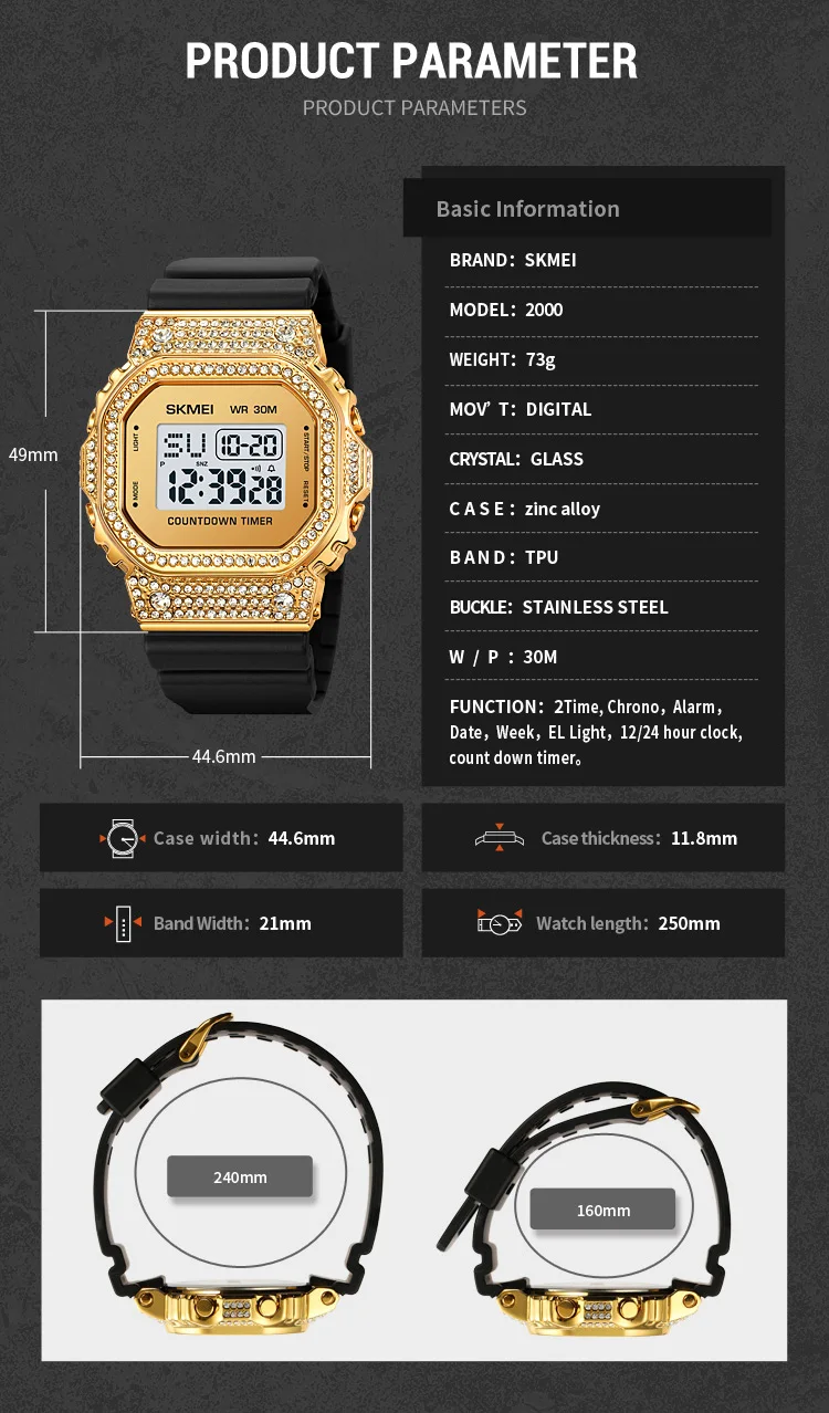SKMEI 2000 الفاخرة الماس ساعة رقمية الرجال في الهواء الطلق الفولاذ المقاوم للصدأ مربع الرياضة مقاوم للماء رجالي ساعة اليد 1988 Montre أوم