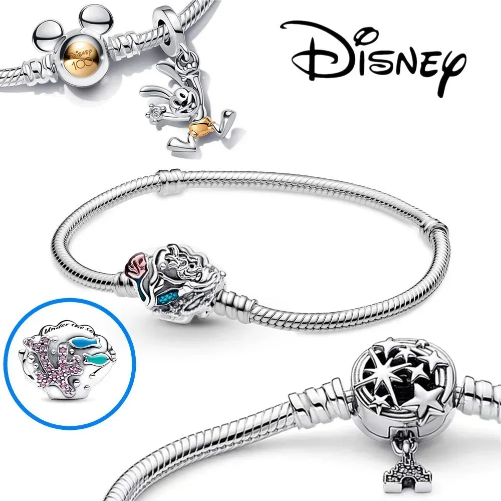 Pulseira de corrente de cobra cintilante mickey mouse para mulheres, momentos disney, tipo prata esterlina 925, pedra principal, pedra lateral