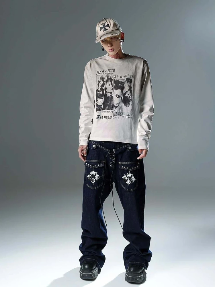 Subculture White Mist Dirty Wind Guitar Printed Long Sleeve T-shirt Hip Hop Gothic Style Loose Men's and Women's Styles