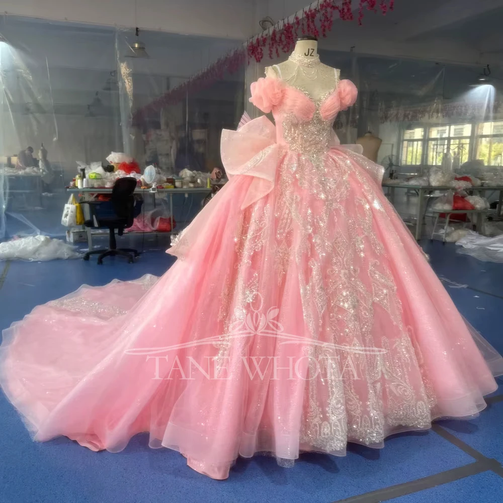 

Pink Long Evening Gown Sweetheart Off-Shoulder Lace-Up Back Bow Sequined Embroidery Beading Customizable Women's Formal Dress