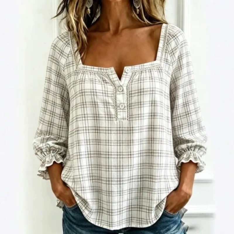 Women's shirt summer new French countryside style square grid shirt princess sleeves seven quarter loose fit shirt for women