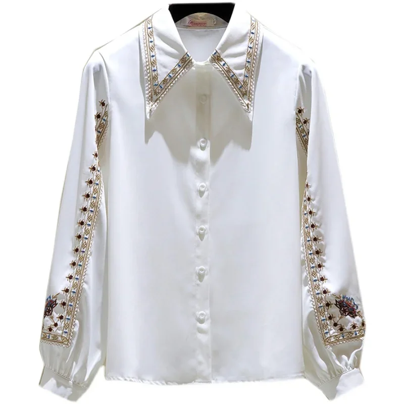 Women\'s Spring Doll Collar Embroidered Straight Long Sleeve Shirt 2023 New Lady White Polo Collar Fleece-Lined Bishop Sleeve Top