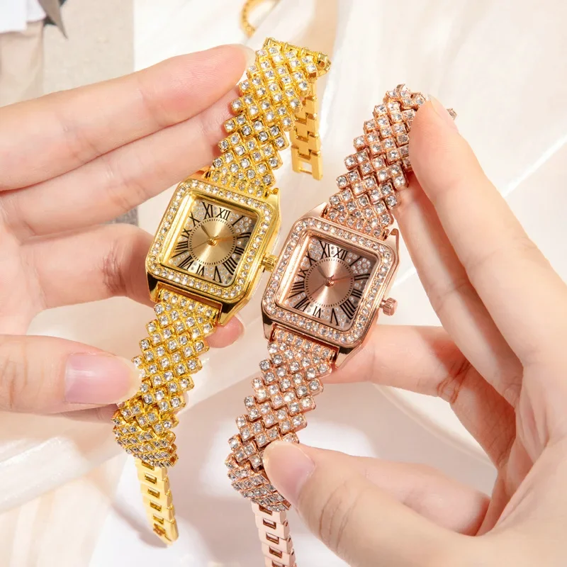 

Women's Fashion Square Watches Diamond Gold Alloy Strap Luxury Ladies Quartz Wristwatches Female Clock Bracelet Party Watch