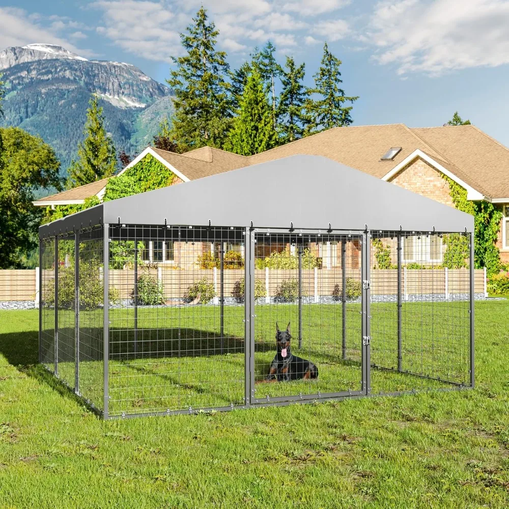 

Large Outdoor Dog Kennel,W 118" x D 118" x H 70" with Fully Covered Roof,Rustproof Outdoor Dog Fence with Double Securit