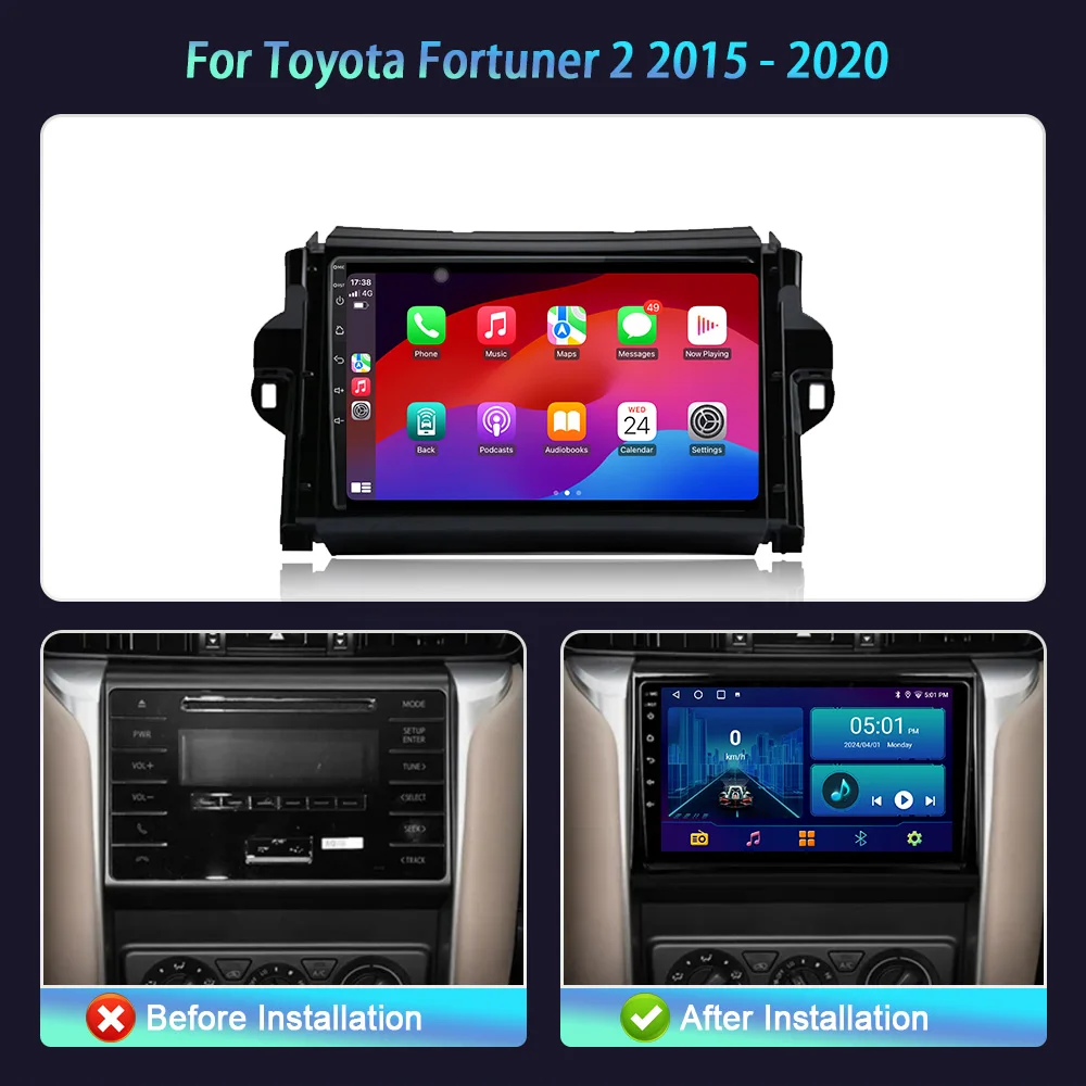 วิทยุติดรถยนต์ GPS วีดีโอมัลติมีเดียสำหรับ Toyota Fortuner 2 2015-2020แอนดรอยด์14G บลูทูธไร้สาย4G หน้าจอสัมผัสติดรถ