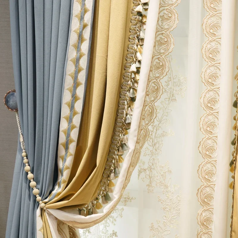 High End French Light Luxury Velvet Fabric, Neoclassical Blue, European Style Curtains for Living Dining Room Bedroom