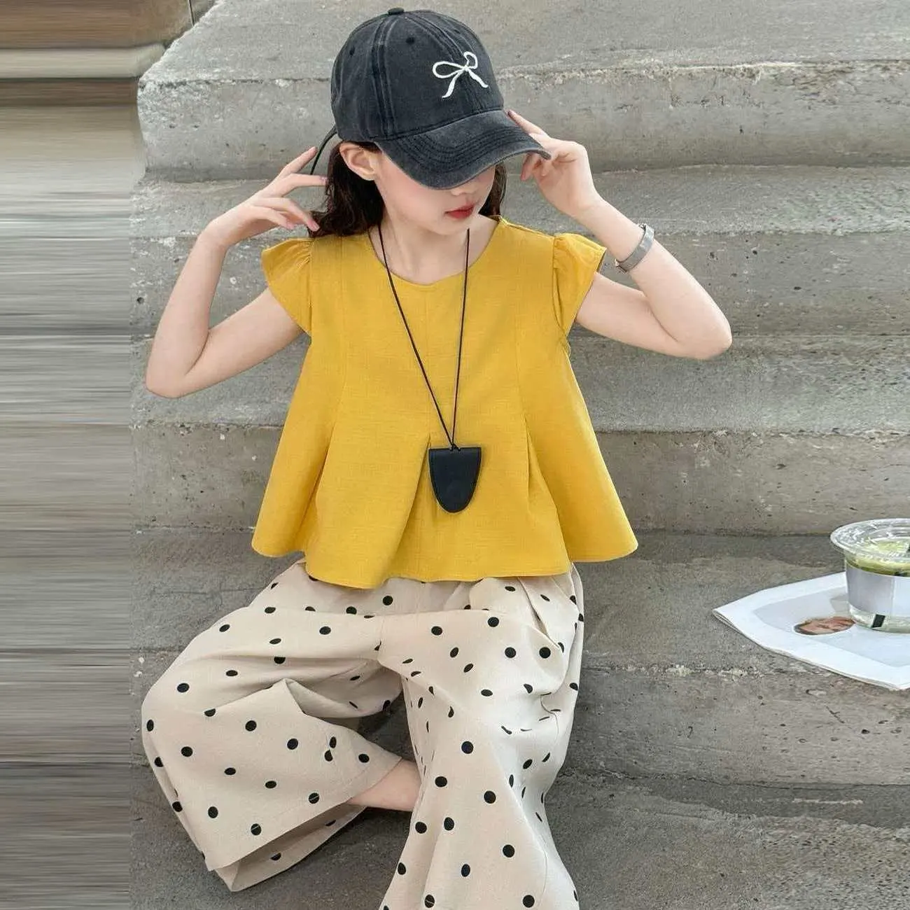 

Girls Set Summer New Children's Sweet Flying Sleeve Top+Polka Dot Pants Two-piece Set 120-170CM