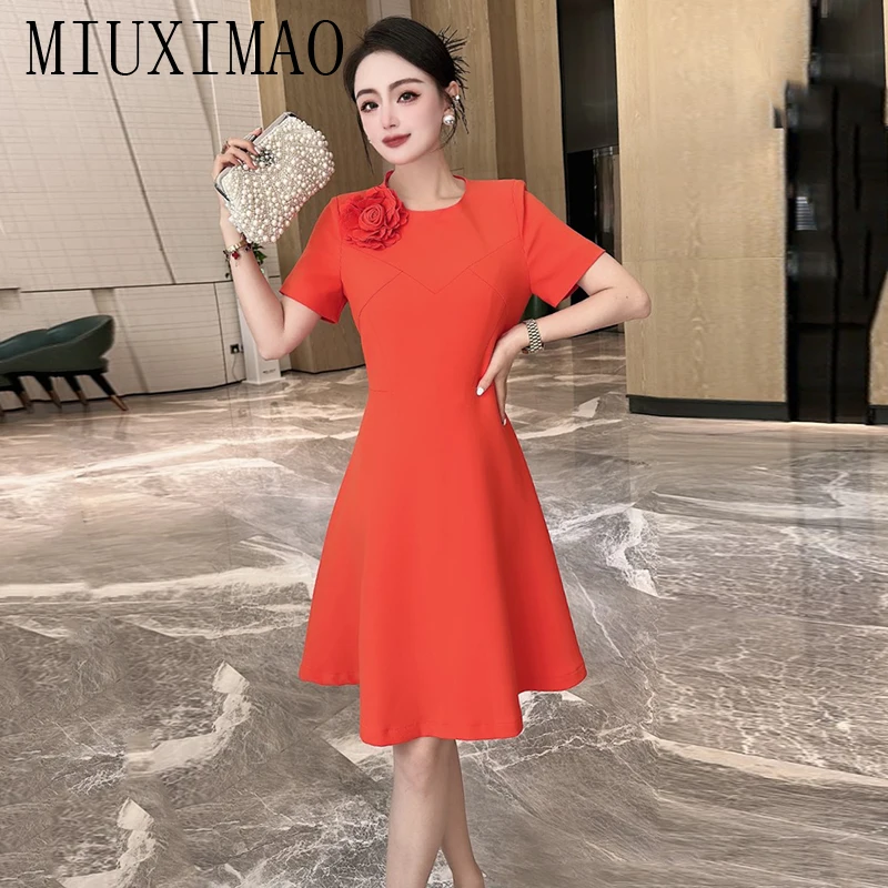 

MIUXIMAO 2023 High Quality Spring&Summer Elegant Dress Short Sleeve O-Neck Applique Fashion Knee length Dress Women Vestide