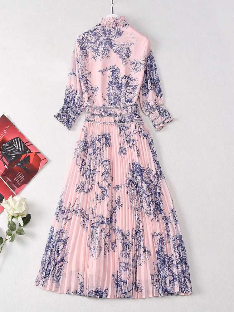 AELESEEN Fashion Designer Pink Dress Women Autumn Bow Ruffled Blue Flower Print Wasit Elastic Elegant Pleated Midi Party