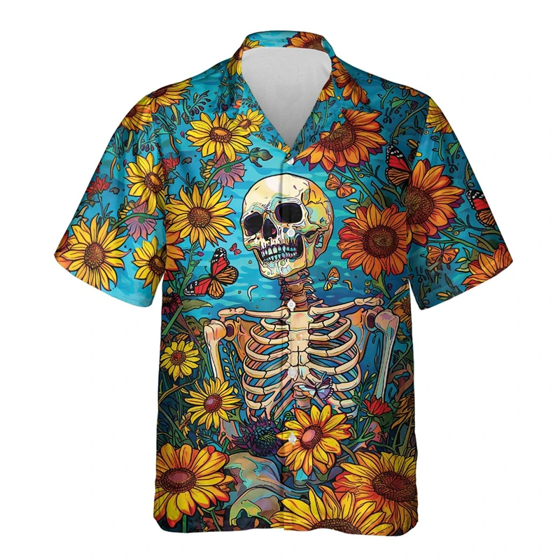 Abstract Skull Graphic Lapel Blouse Hip Hop Male Shirts For Men Clothes Goth Skeleton Short Sleeve Funny Flower Skulls Lapel Top