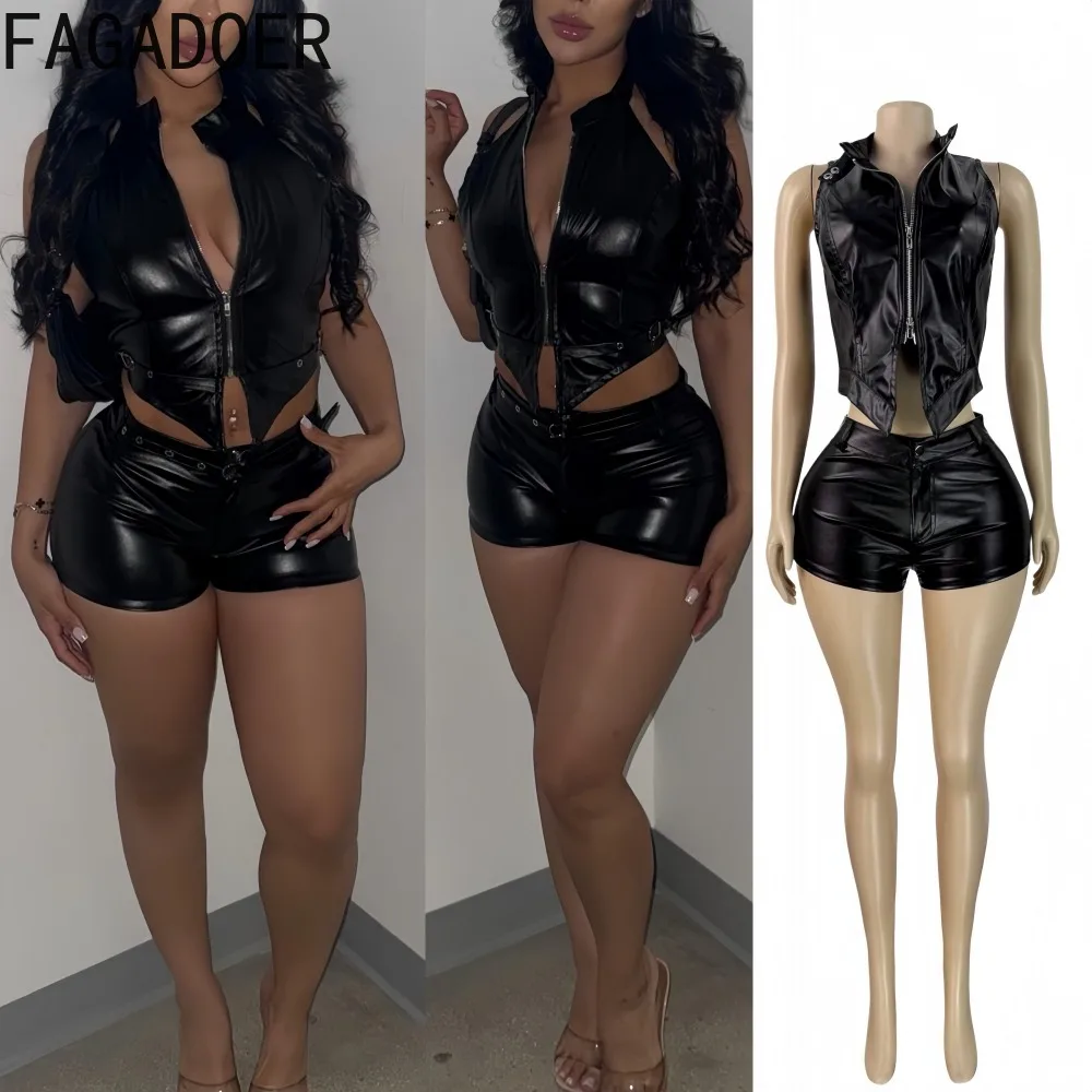 

FAGADOER Sexy Woman 2 Piece Set Outfit Leather Patchwork Sleeveless Crop Top and Shorts Matching Female Streetwear 2026 New