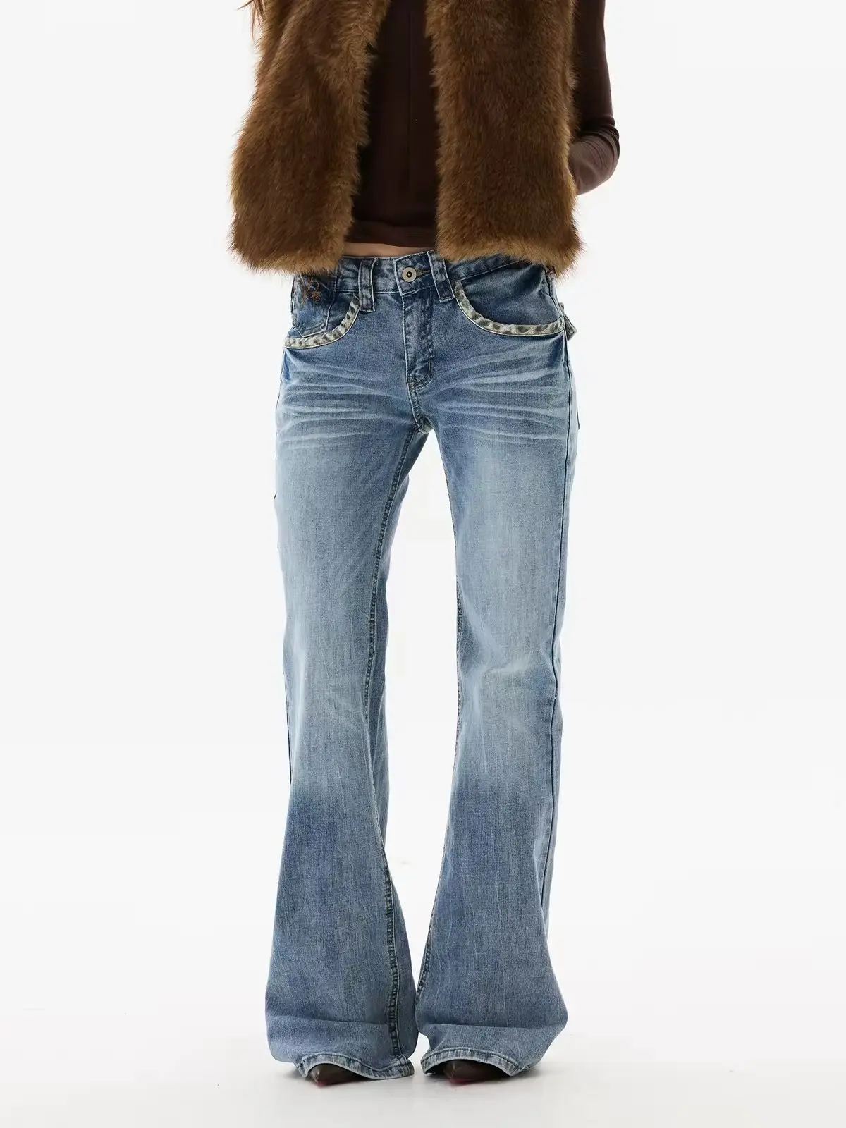 Leopard Patchwork Washed Straight Leg Jeans Women Retro Slim Fit Designer Streetwear Denim Pants