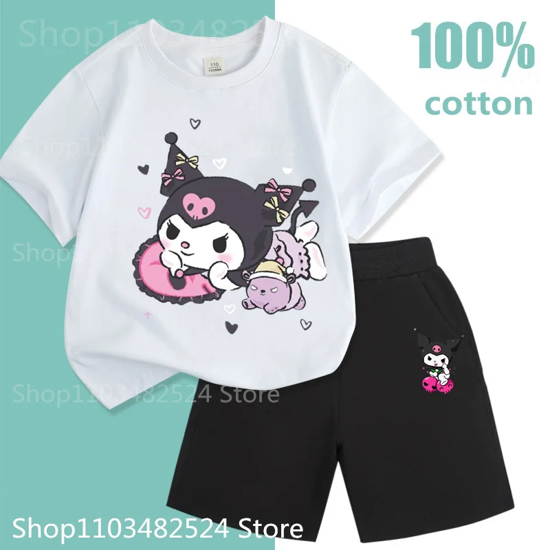 Cute Kids Sanrio Family Kulomi Pattern Printing T-shirt 100% Cotton Sets Casual Boys O-Neck Short Sleeve Girls Sets For Summer