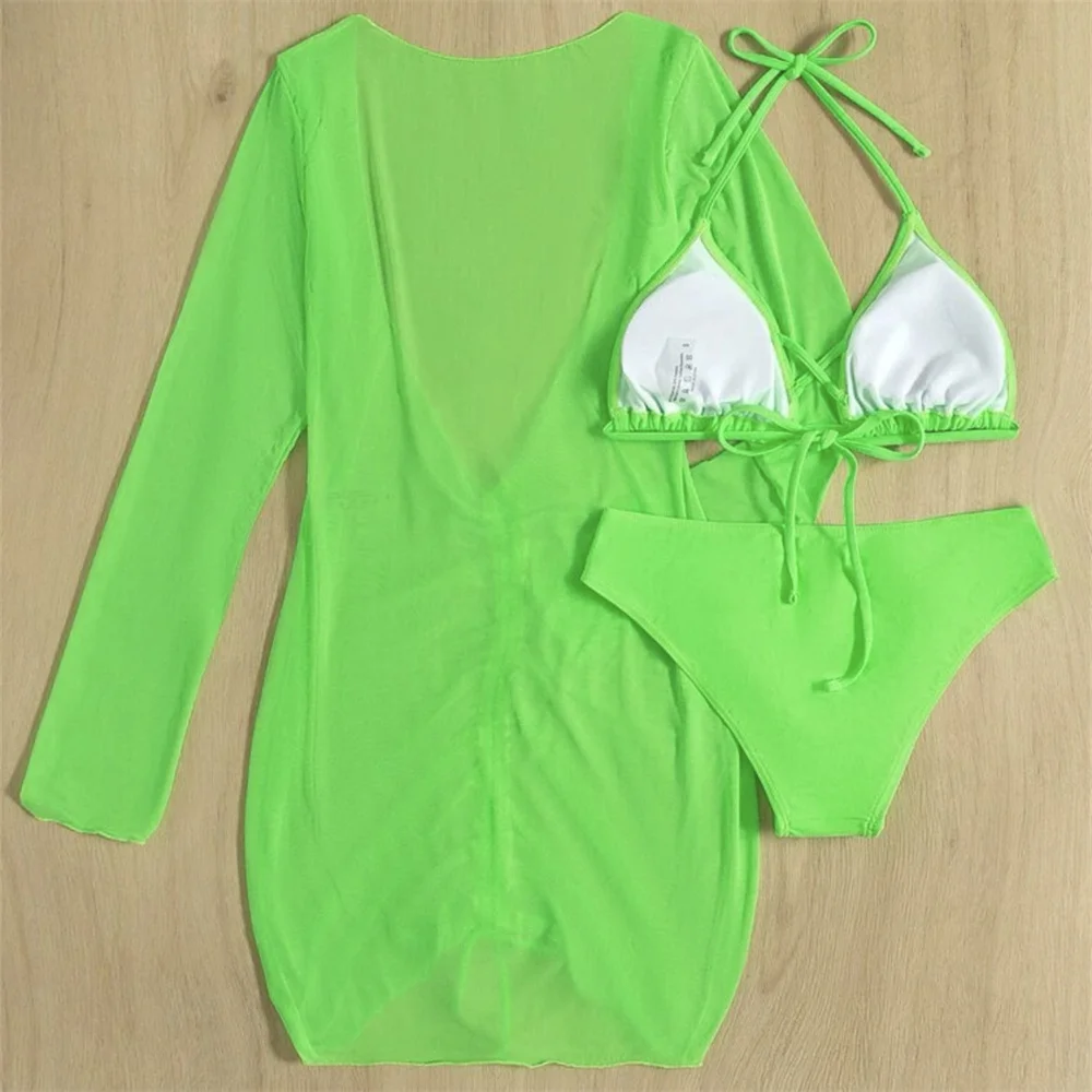 Neon Green Bikini Micro String Swimsuit Sheer Mesh Cover Up Long Sleeve Brazil Beach Outfit Women Vacation Swimwear Bathing Suit