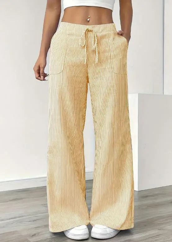 

Women's Pants Summer New Fashion Youthful Sweet and Casual Style Striped Print Low Waist Tie Loose Straight Leg Pants