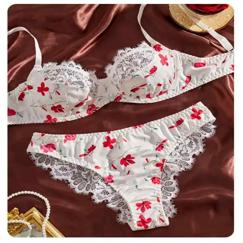 

New Sweet Floral Print Bra Set Sexy Lace French Style Lingerie Thong 2-Piece Set Comfort Seductive