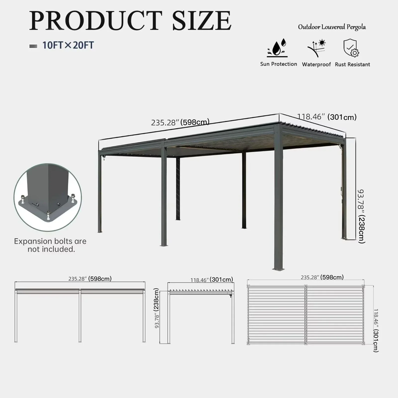 ！@！@Gray Louvered Pergola with Adjustable Steel Roof Outdoor Aluminum Frame Rainproof Canopy & Gazebo