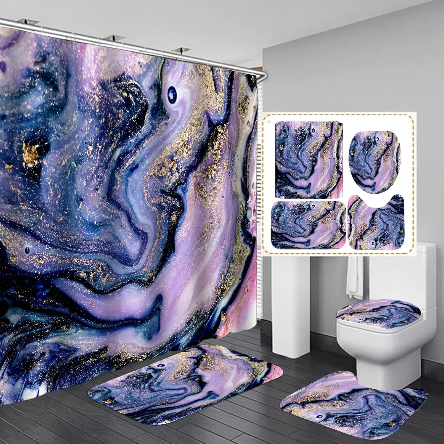 

Bathroom suit for shower curtains and carpets, shower curtain suit, toilet lid cover and non-slip U-shaped mat, with 12 hooks