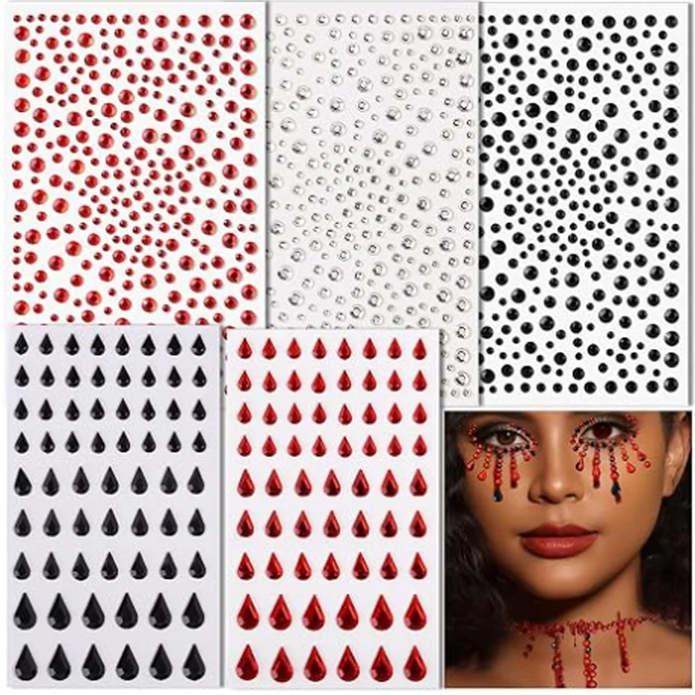 Black and Red Face Gems Jewels, Black and Red Rhinestones for Makeup Halloween Gem Stickers, Self‑Adhesive On Gems for Halloween