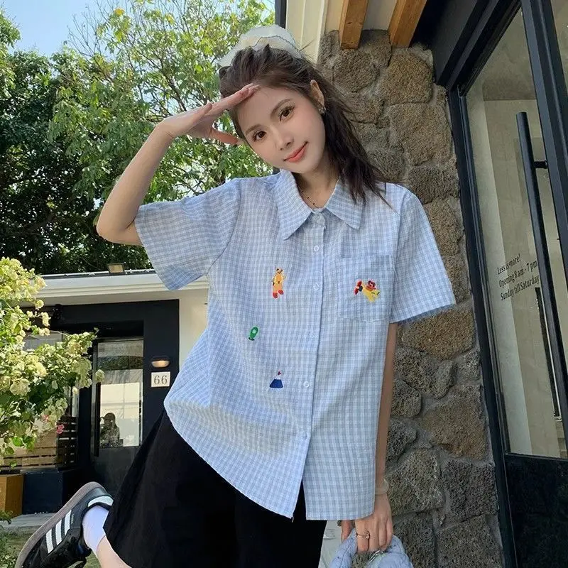 

Blue Carton Short-sleeved Plaid Shirt For Women Summer Polo Collar Kawaii Embroidery Tops Japanese Fashion Ladies Loose Shirts