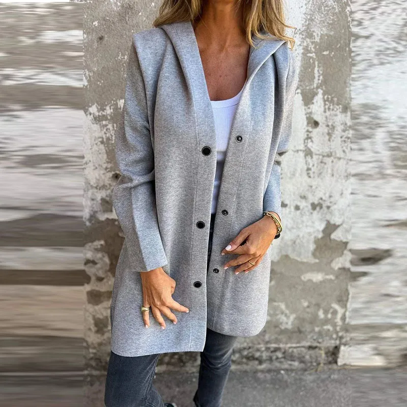 Nuovo 2024 autunno Vintage monopetto tinta unita giacca tasche Casual cappotto allentato con cappuccio donna elegante Cardigan dritto caldo