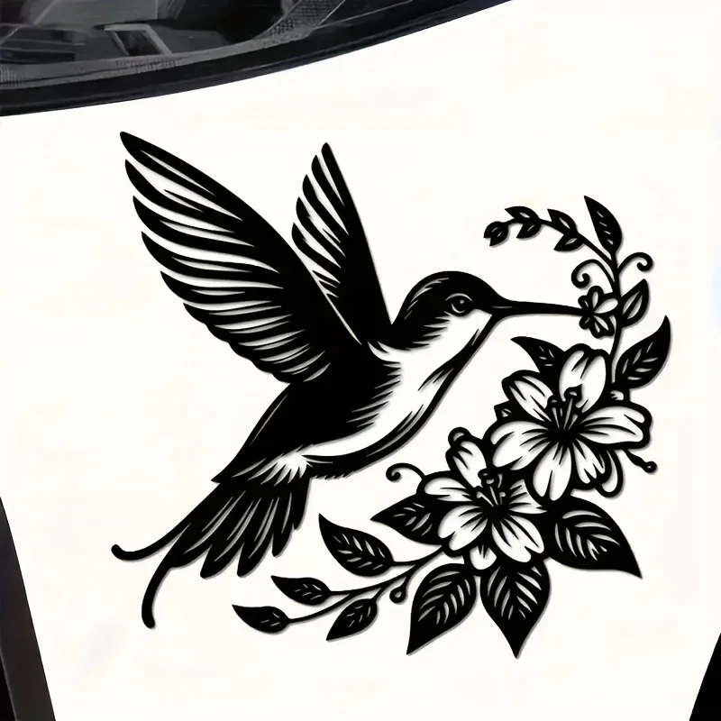 Black Hummingbird with White Flowers Vinyl Sticker, Elegant Durable Decal for Laptop, Bottle, Truck, Phone, Window, Wall Decor
