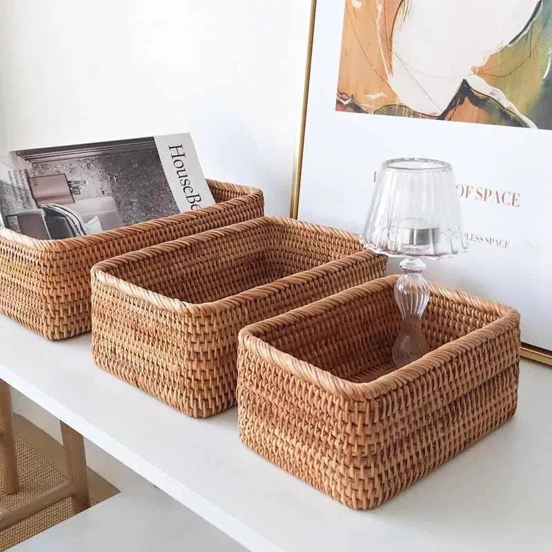 Hand-Woven Storage Basket Rattan Wicker Cosmetic Rectangular Bread Fruit Tea Snack Box Household Kitchen Supplies