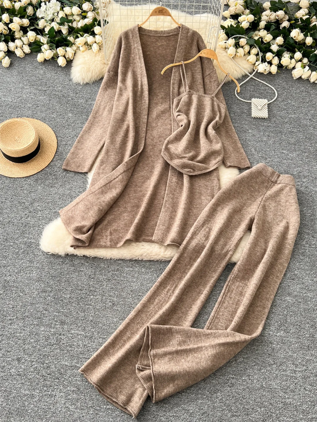 

Croysier Cozy Casual Knit Pants Sets Long Cardigan Sweater Coat + Cami Top + Wide Leg Trousers 3 Piece Set Women Winter Clothes