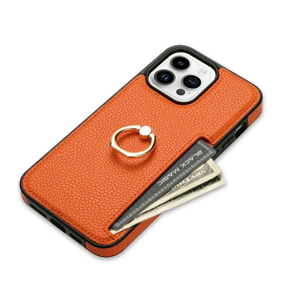 Card Solt Litchi Leather Wallet Case For iPhone 11 12 13 14 15 16 Pro Max 15 Plus Ring Holder Cover For iPhone 15 Pro Soft Cover