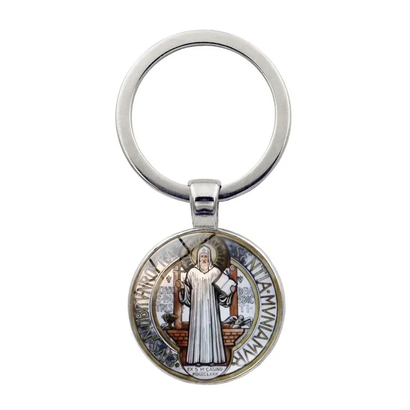 Saint Benedict Pendant Keychain Catholic San Benito Glass Dome Handmade Keyring for Men Women