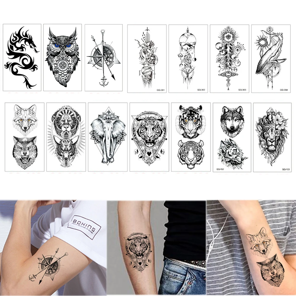 Small Waterproof Temporary Fake Tattoo Sticker Tiger Wolf Dragon Arrow Compass Fashion Art Arm Wrist Neck Mini Man Tatoo