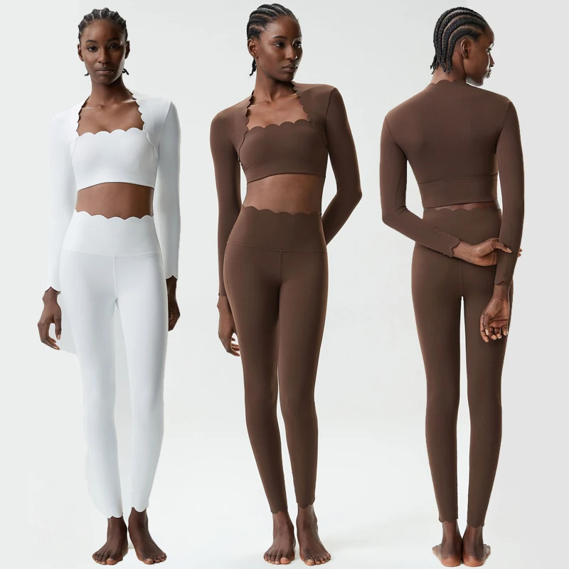 Women Two Pieces Fitness Yoga Set Solid Color Long Sleeve Gym Suit Slim Fit Breathable Workout Clothes Female Sportswear