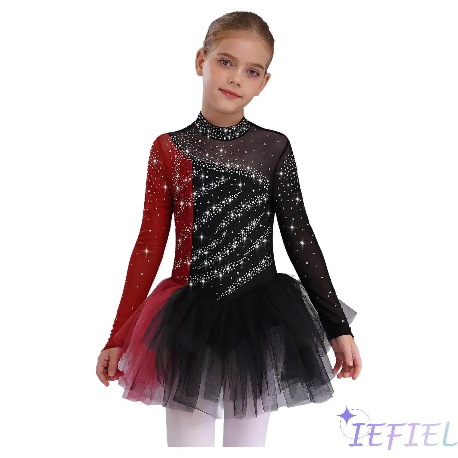 

Children Girls Ballet On Ice Dress Long Sleeves Rhinestones Breathable Recital Competition Costume for Ballet Latin Dance Show