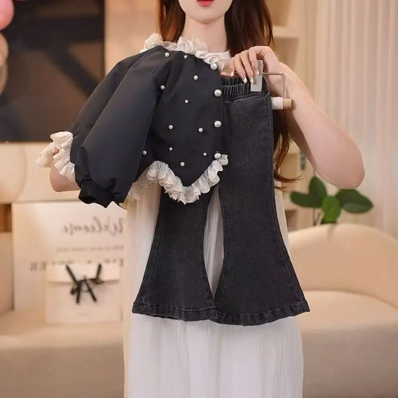 

Girls' Spring And Autumn Set 2025 New Casual Western Style Baby Lace Coat Horn Jeans Two Piece Set 90-140CM