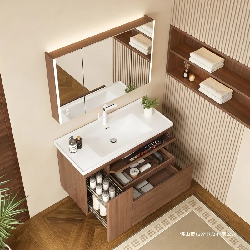 Mueble de baño antiguo de nogal con cesta extraíble, lavabo cerámico integrado y mueble para lavabo de tocador