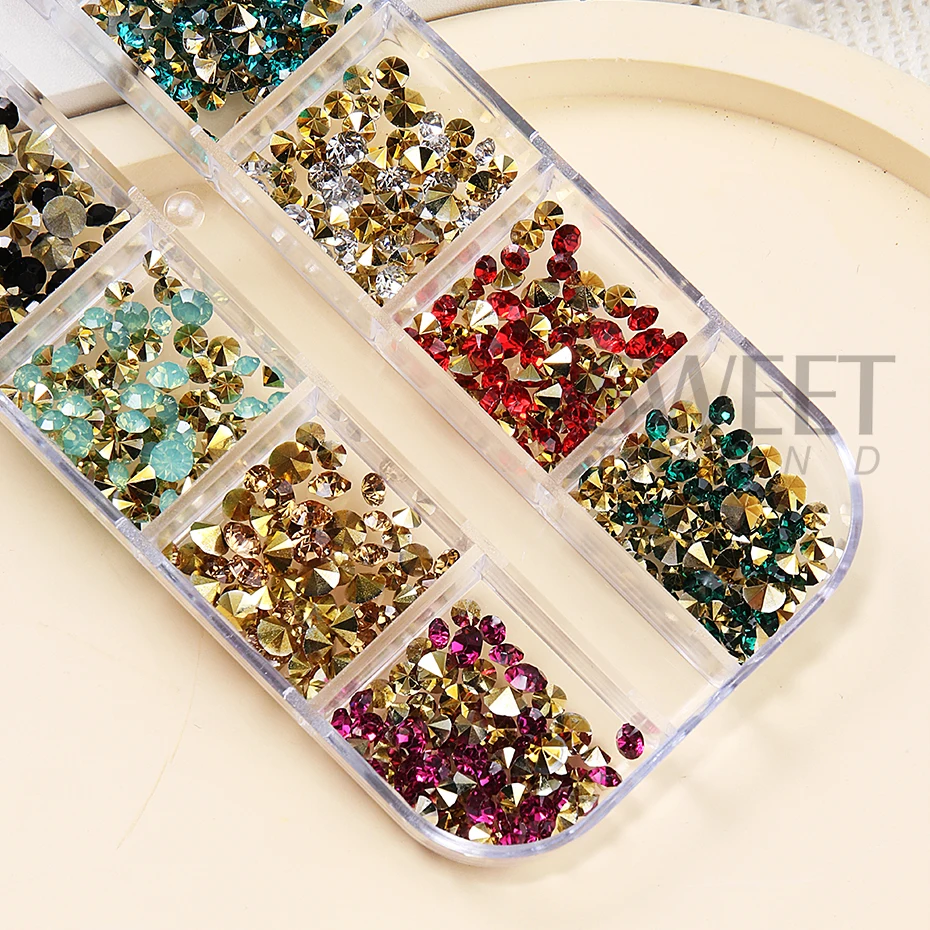 12 Grids Colorful Pointed Bottom Nails Art Rhinestones 3D Crystal Glitter Gems Rivet Nail Supplies Manicure Decor Accessories