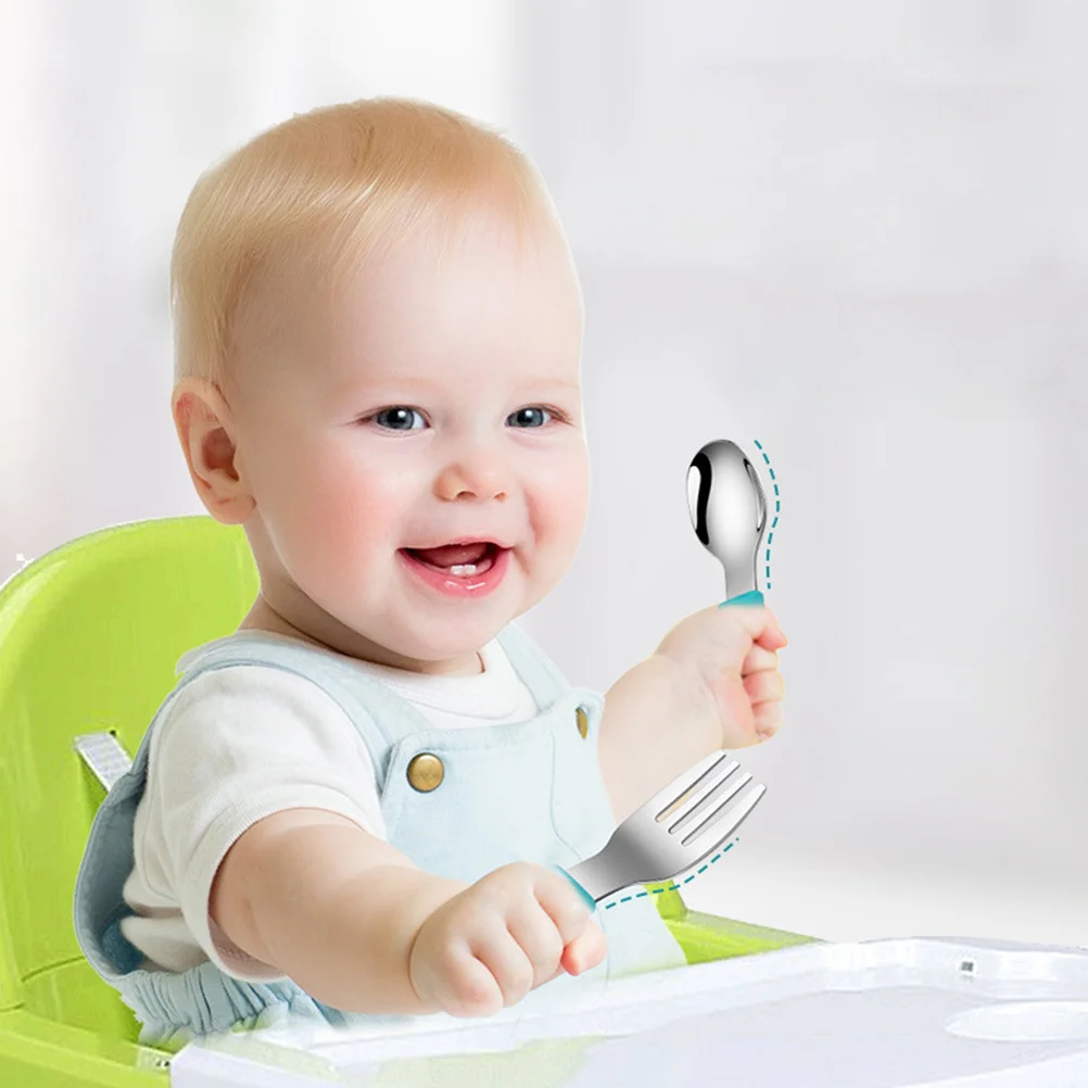 

1Set Stainless Steel Silicone Baby Spoons Forks Food Grade Heat Resistant Toddler Utensils Training Tableware Set Baby Feeding