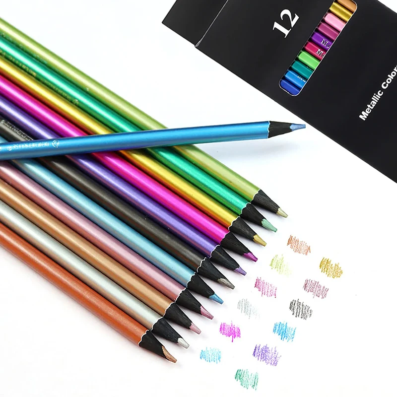 12-farbige metallische Buntstifte zum Zeichnen und Skizzieren, Malen, Farbstift, Kunst, Malzubehör für Künstler, Malstift-Set