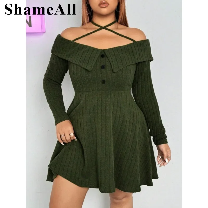 Women's Plus Size Off-Shoulder Turndown Collar Long Sleeve Dress,Women's Knitted Long Sleeves Solid Color  Slim Fit Dress