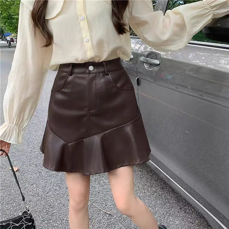 Autumn and Winter New Irregular High Waisted Fish Tail PU Leather Skirt Half Skirt New Slimming Short Skirt for Women