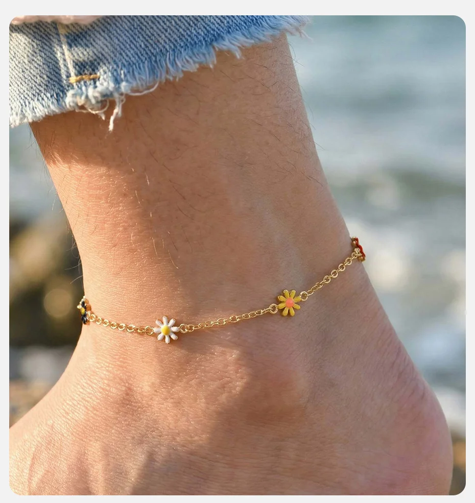 Vnox Edelstahl Buntes Gänseblümchen-Fußkettchen für Damen, Goldfarben Emaillierte Blumen-Fußkette Wasserfester Strandschmuck – Detail 2