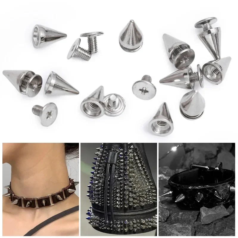 10/200Pcs Silver Rivets Cone Studs Screwback Metal Spike DIY Cool Punk Garment Round Nail Rivet Decoration for Clothes Shoes Bag