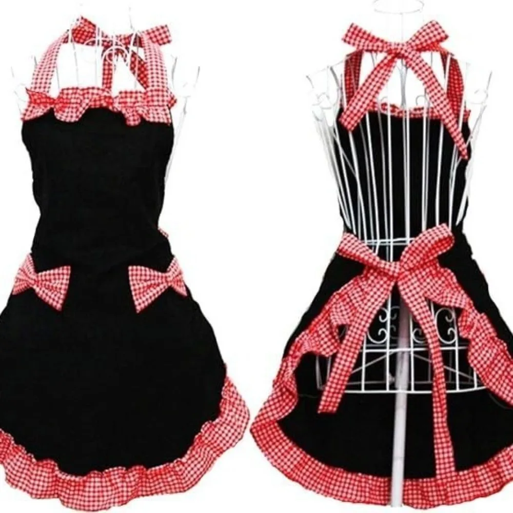 Ruffle Trim Kitchen Apron Gingham Pattern Bow Detail Baking Apron Pockets Design Vintage Style Cooking Apron Housewife Dress